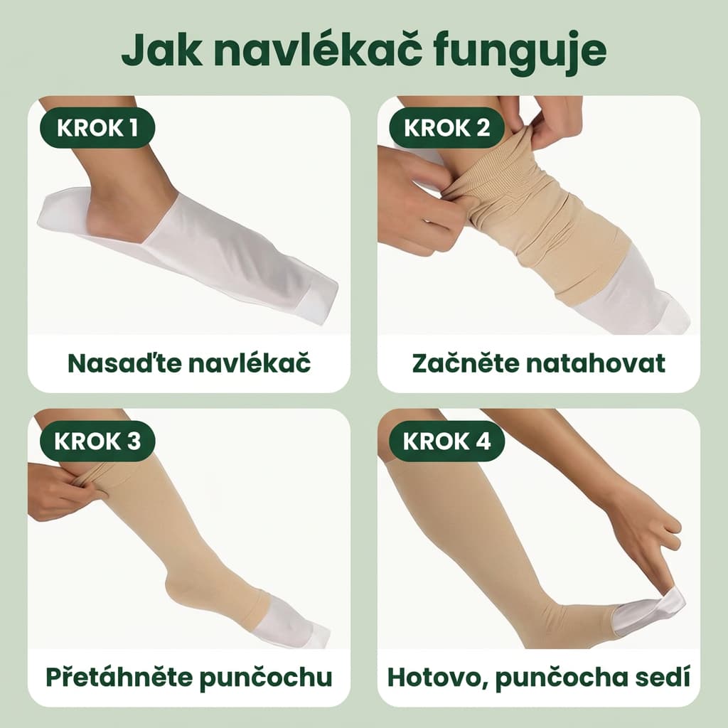 Navlékač na kompresní punčochy, návod ve čtyřech krocích